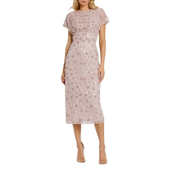 $498 Mac Duggal 94117 Womens Size‎ 6 Light Pink Floral Beaded Column Midi Dress - Picture 2 of 6